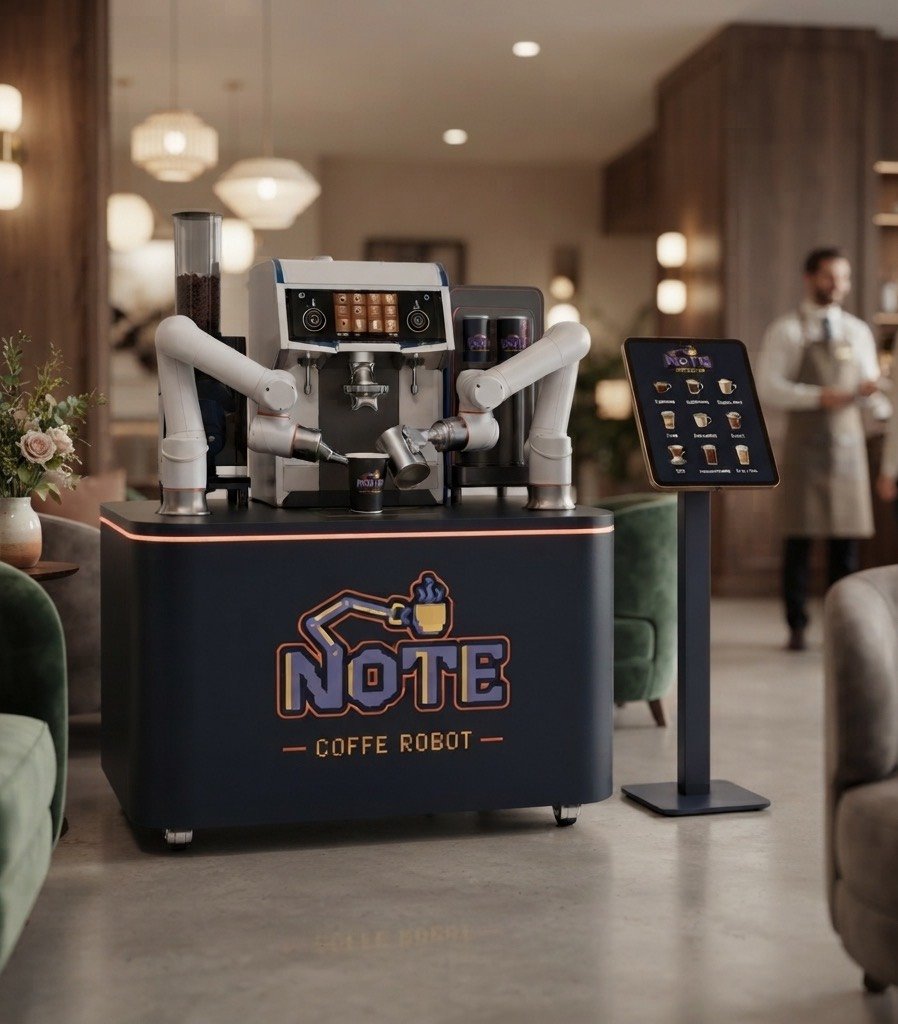 A NOTE Coffe Robot kiosk in a warm hospitality lounge with pendant lights and velvet armchairs, a tablet ordering stand beside it and staff in the background