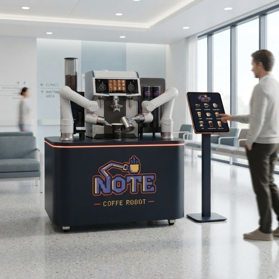 The NOTE kiosk in a bright hospital waiting area, with a visitor ordering at the tablet stand, rows of seating and generic wayfinding signs behind