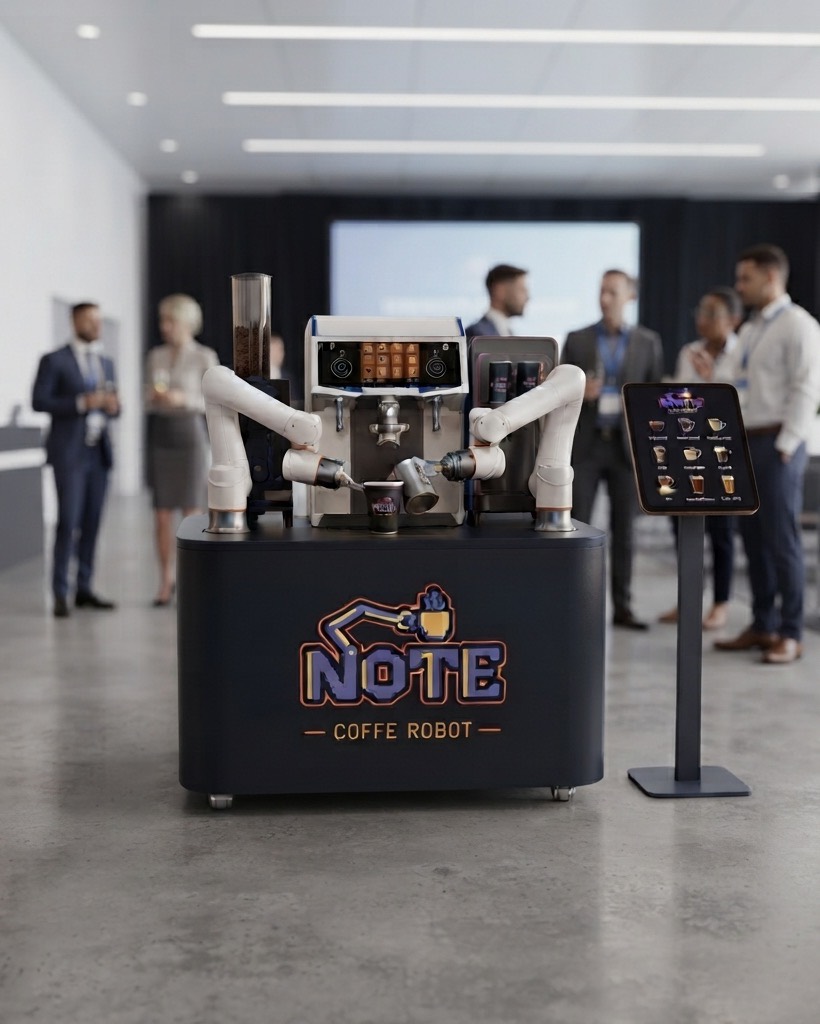 The NOTE kiosk in a conference hall, with delegates talking in groups in front of a large projection screen