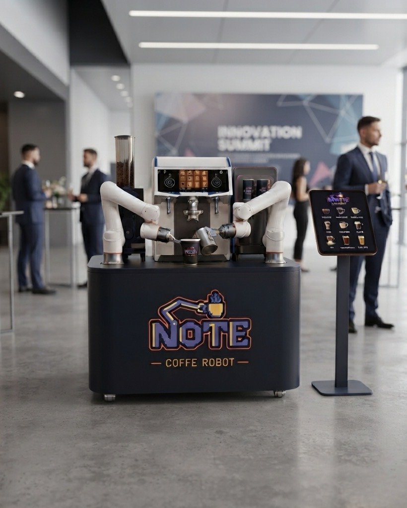The NOTE kiosk at a corporate networking event, with a large event screen behind and guests in business dress talking in groups