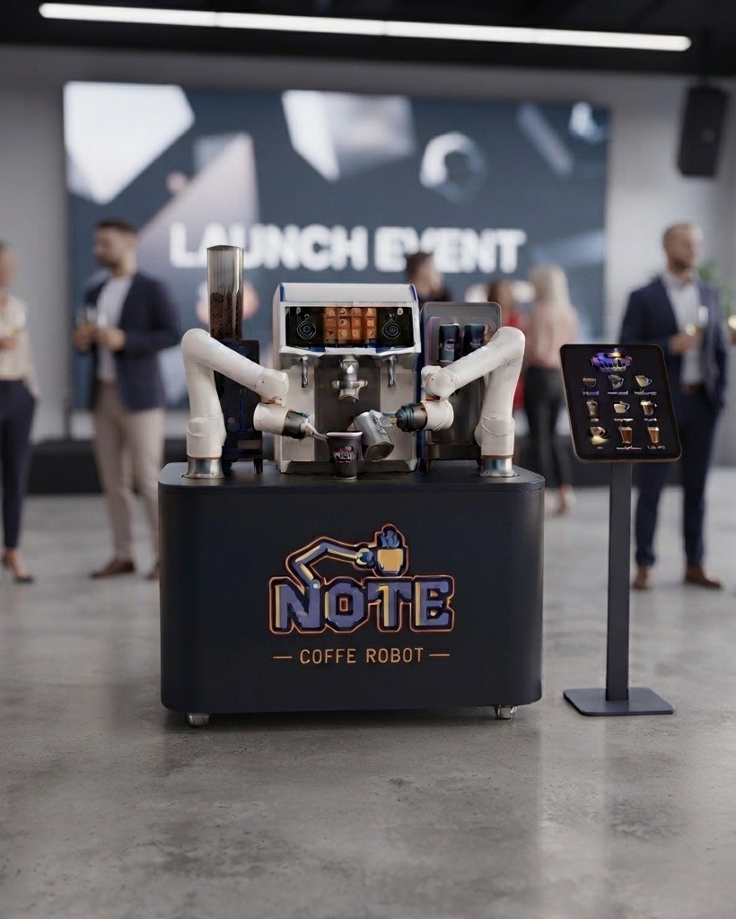 The NOTE kiosk at a product launch, with a large screen reading Launch Event behind and guests standing in groups with drinks