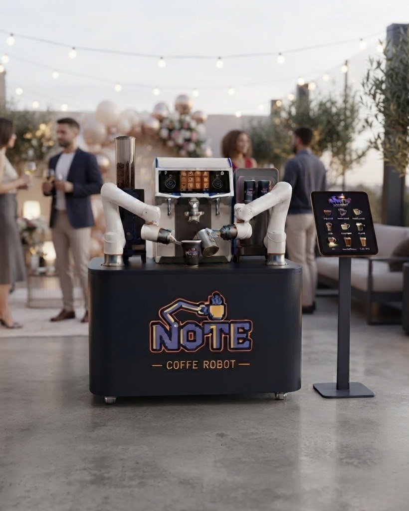 The NOTE kiosk at an evening rooftop party, with string lights, balloons, lanterns and guests holding drinks