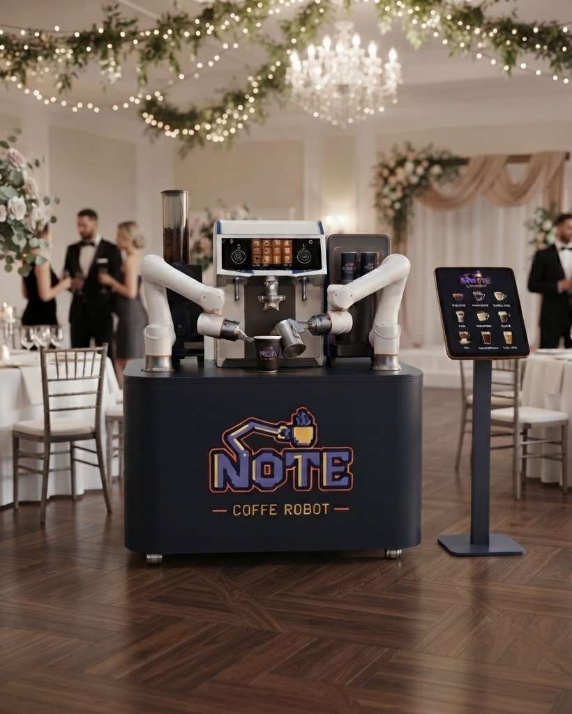 The NOTE kiosk at a wedding reception, with hanging festoon lights, floral table settings and guests in formal wear nearby