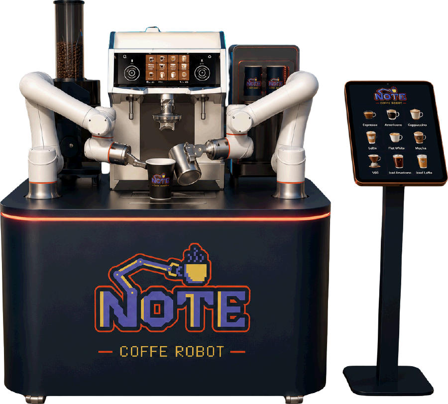 The NOTE Coffe Robot kiosk, a dual arm robotic barista with a navy NOTE branded cabinet, white robotic arms and a tablet menu stand