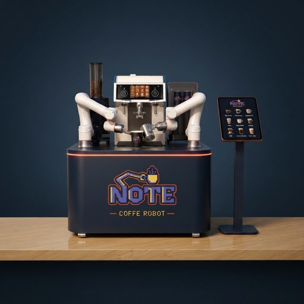 The complete NOTE Coffe Robot kiosk on a wooden counter, a dual arm robotic barista with a navy NOTE branded cabinet, bean hopper, espresso machine and a separate tablet ordering stand alongside