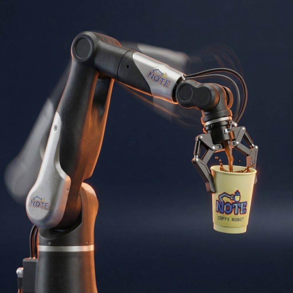 A NOTE robotic arm gripping a NOTE branded yellow cup and pouring espresso into it, with NOTE logos on the arm housing
