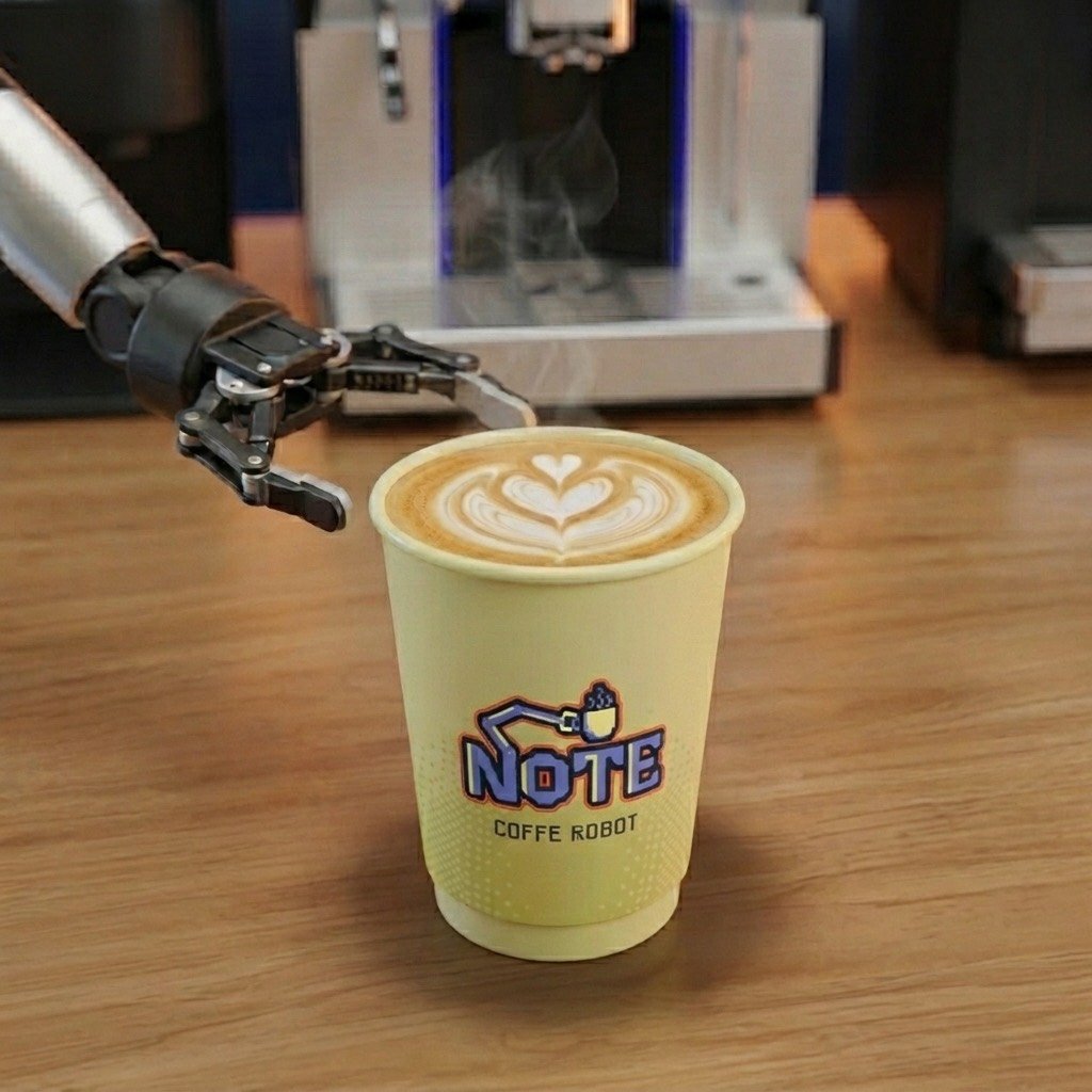 A finished latte with rosetta latte art in a NOTE branded yellow cup, steaming on a counter beside the robot gripper