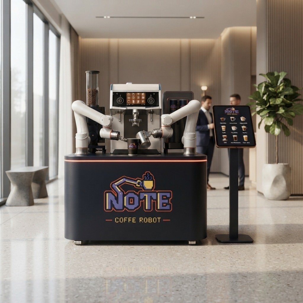 The NOTE kiosk installed and operating in a bright corporate lobby with floor to ceiling windows, two people talking in the background and a tablet ordering stand alongside