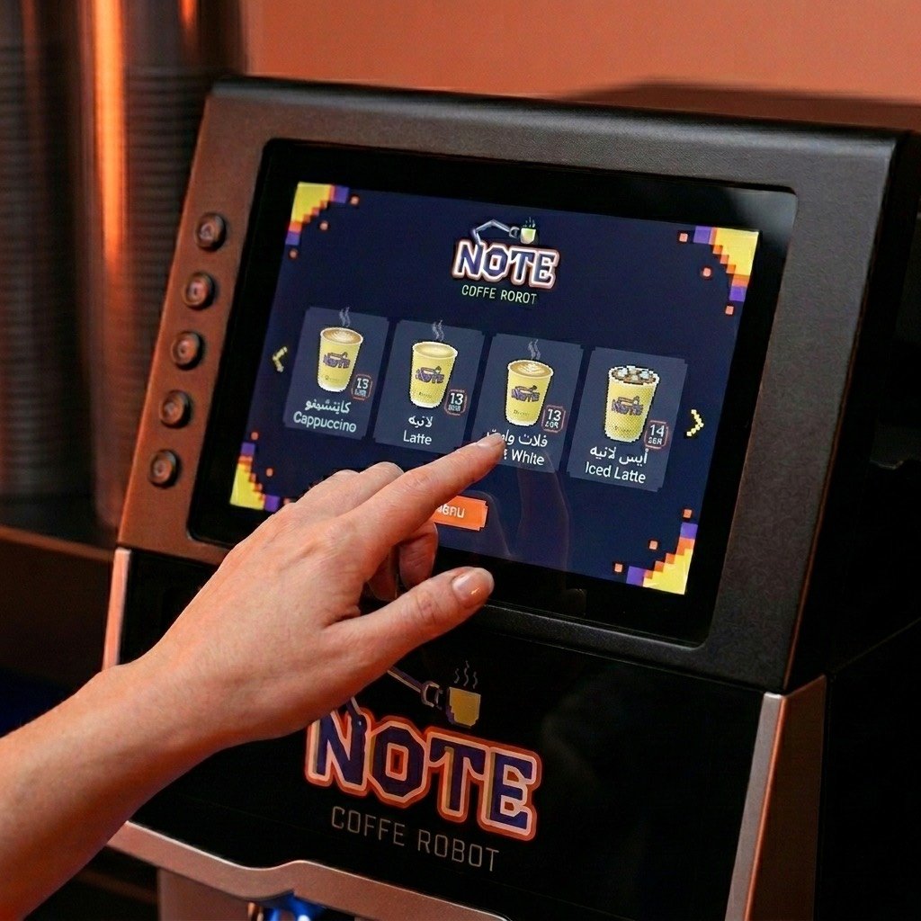 A customer tapping the NOTE touchscreen to order, showing a bilingual Arabic and English menu of cappuccino, latte, flat white and iced latte with prices in Saudi riyals