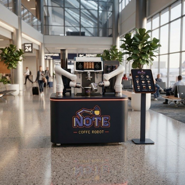 The NOTE kiosk in an airport departures hall beside a gate, with travellers wheeling luggage past and a glazed terminal wall behind