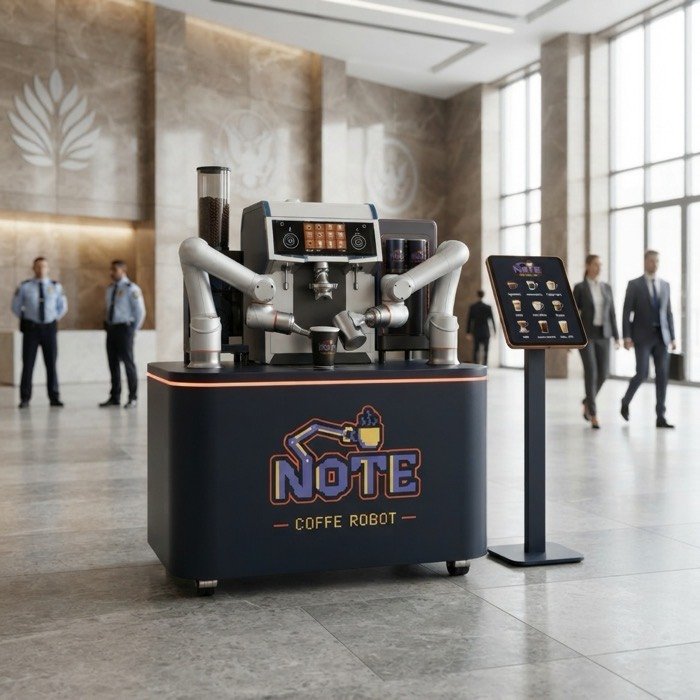 The NOTE kiosk in a marble government building lobby, with uniformed security officers and officials in suits crossing the floor behind it