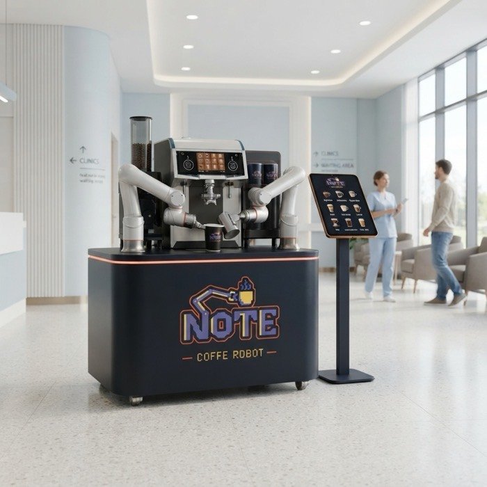 The NOTE kiosk installed at a reception counter in a bright hospital lobby, with a nurse and a visitor nearby