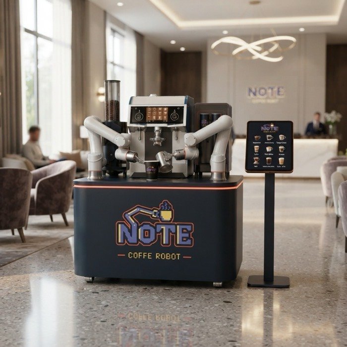The NOTE kiosk in a hotel lobby beneath a chandelier, with reception staff at the desk behind