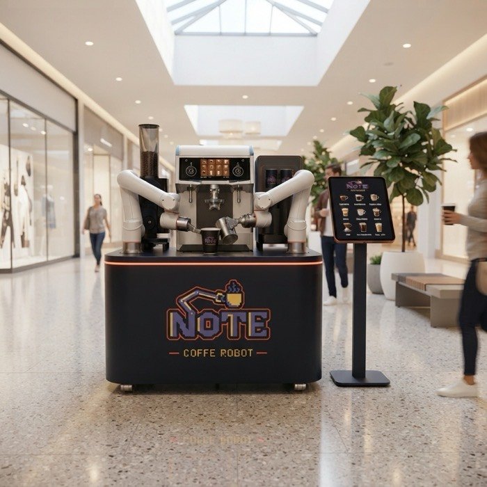 The NOTE kiosk standing in a sunlit shopping mall concourse, with storefronts and shoppers behind it