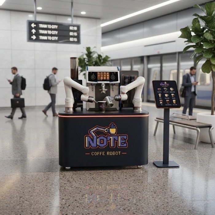 The NOTE kiosk on a metro platform with commuters passing and a train at the platform edge