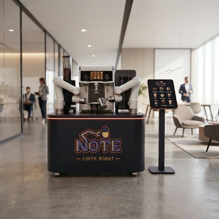 The NOTE kiosk in an open plan office with glass meeting rooms and staff walking past