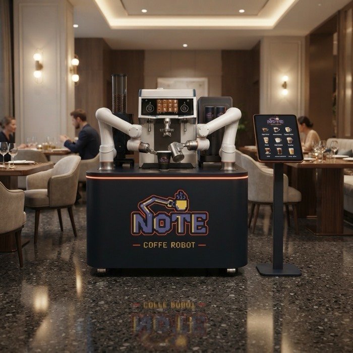 The NOTE kiosk in a warmly lit restaurant, with diners seated at laid tables and wall lights along the far wall